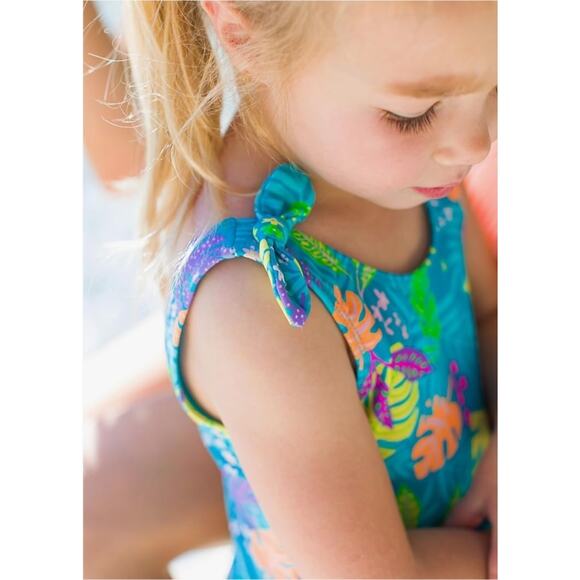 RuffleButts UPF50+ Tie Shoulder/Cross Back One Piece Swimsuit, Neon Tiki Vibe 5T - Picture 3 of 3